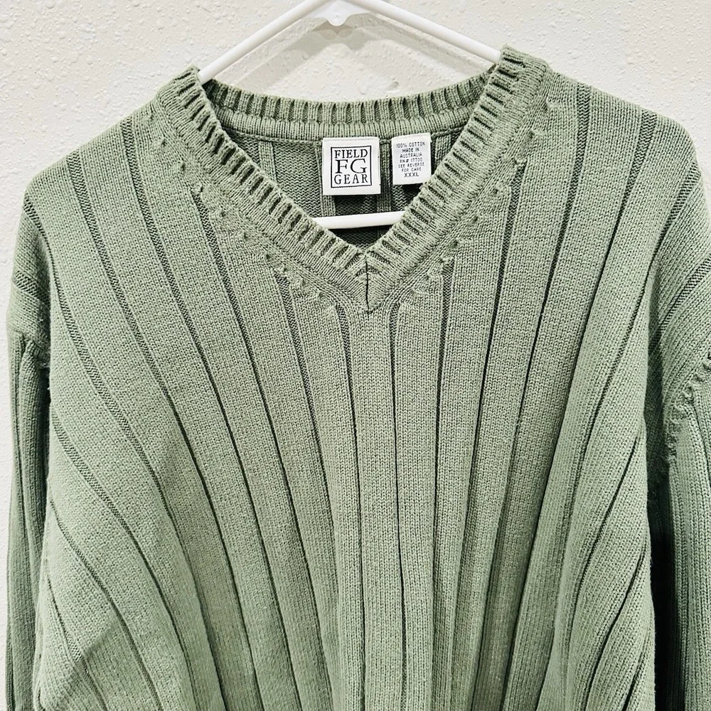 Vintage 90s Green Field Gear Men's  V-Neck Ribbed Sweater 3XL Layering Preppy - Picture 6 of 13
